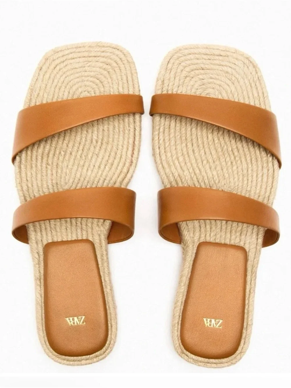 Zara NWT Tan Leather Double-Strap Espadrille Slide Sandals